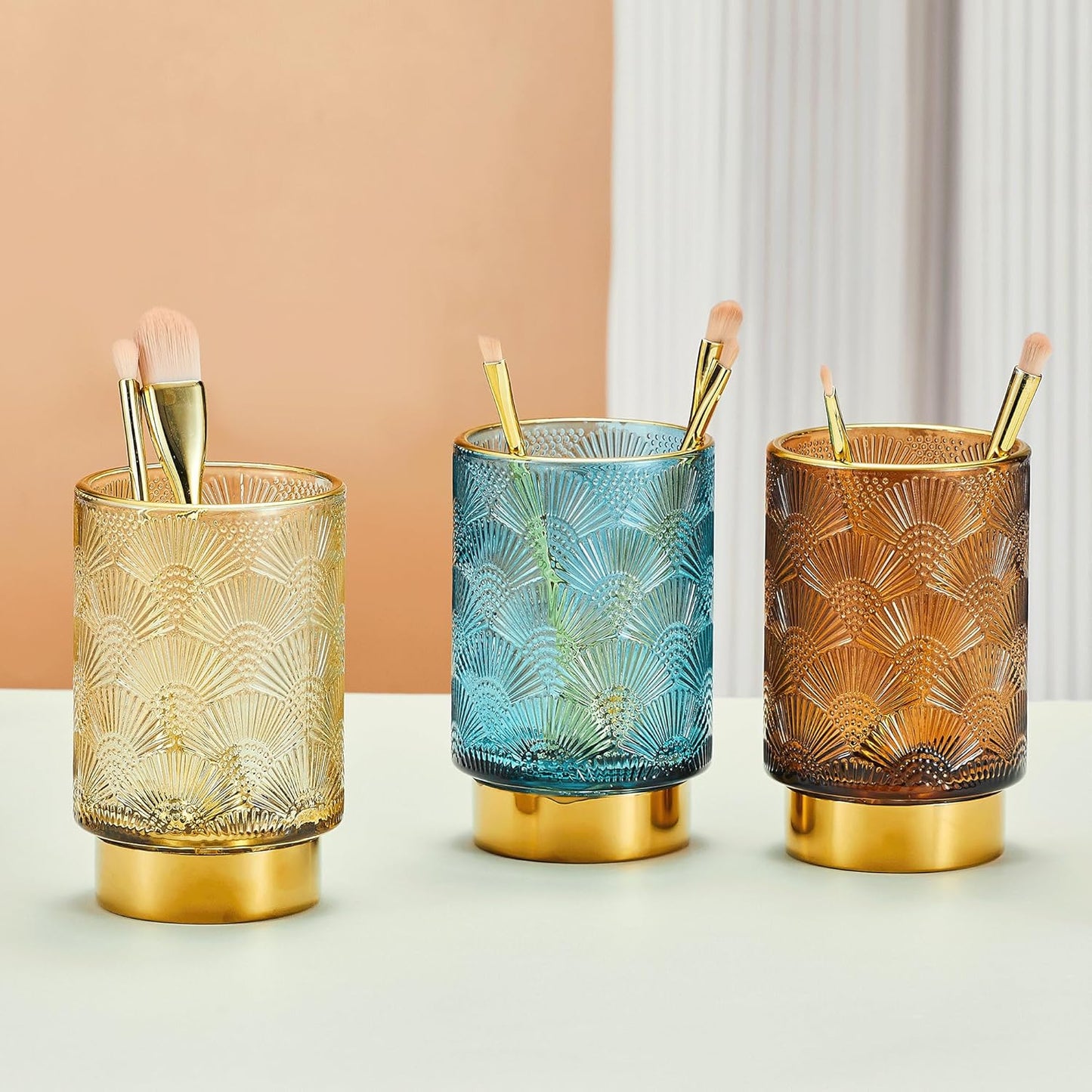 Makeup Brush Holder Organizer,Toothbrush Holders,Desk Pen Pencil Holder,Multifunctional Vintage Glass Brush Cup（A41-2-US）