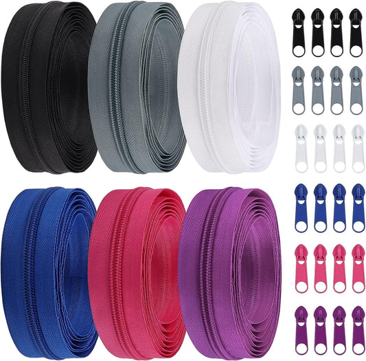 DOITEM 13 Yards 6 Pieces #5 Zippers Assorted Nylon Zipper Nylon Coil Zippers Colorful Sewing Zipper 24 Plastic Sliders for Sewing Supplies