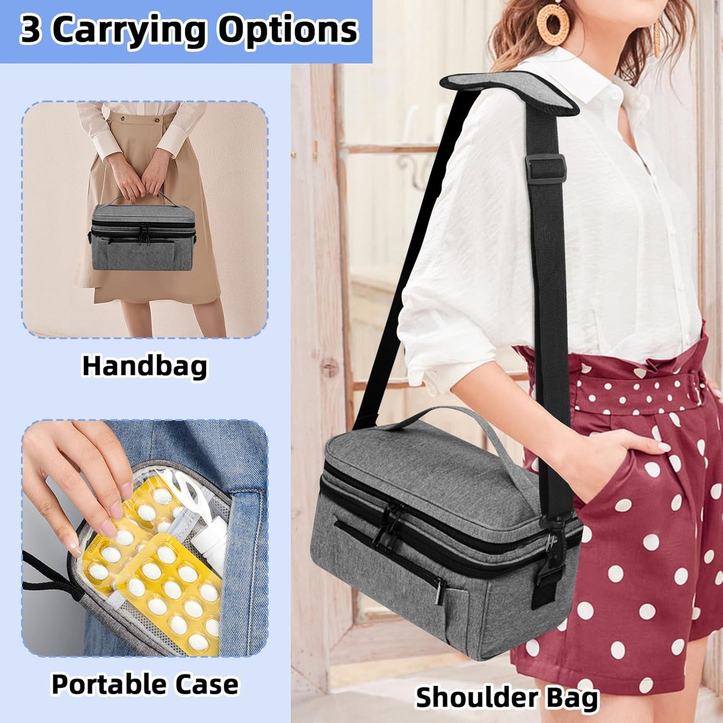 Medicine Bag for Traveling with Portable Small Pouch, Double Layer Pill Bottle Organizer Storage Case with Lockable Zippers, Carrying Medication Travel Case with Shoulder Strap (BAG ONLY), Gray