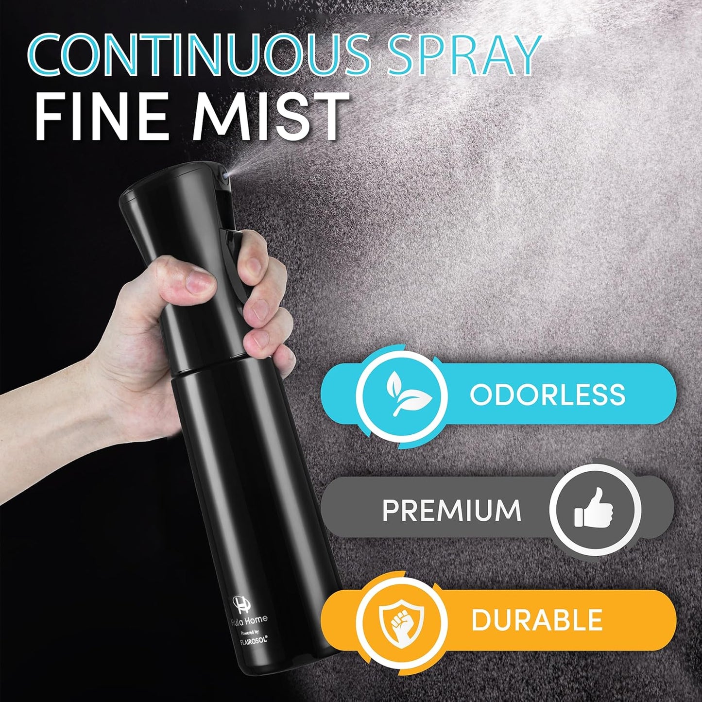 Hula Home Spray Bottle for Hair (10.1oz/300ml) - Powered by Flairosol® Spray Technology - Continuous Ultra Fine Mist Sprayer – For Hairstyling, Cleaning, Salons, Plants, Essential Oil & More - Black