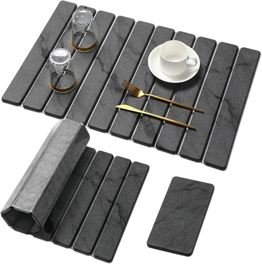 2 PCS Large Stone Dish Drying Mat for Kitchen Counter,Quick Dry Stone Dishes Mats,Marbled Water Absorbing Diatomaceous Earth Drying Pad for Countertop Bottles Utensils Cups（Dark Gray 24"×16" & 8"x4"）