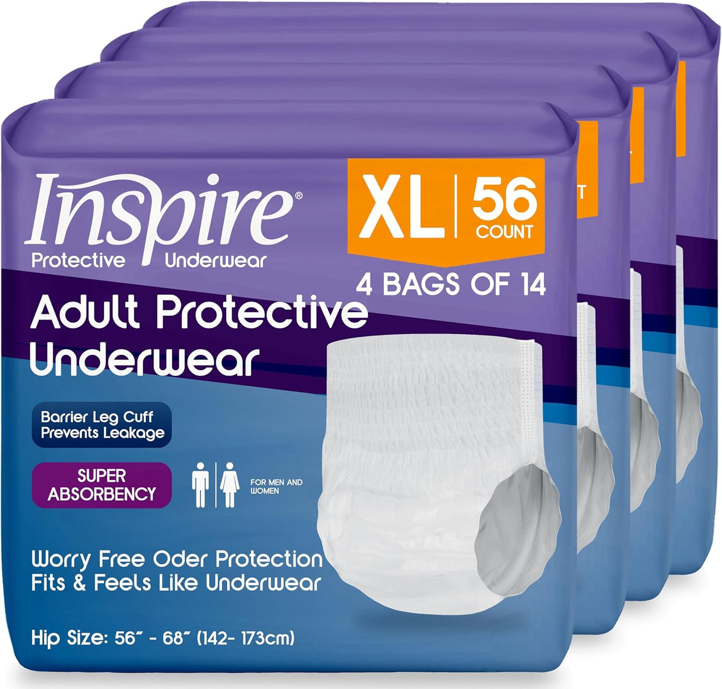 Inspire Protective Underwear for Men and Women Incontinence Underwear | Adult Diapers | Disposable Underwear for Adults | Adult Pull Ups - 4 Bags of 14 | 56 Total (Extra Large)