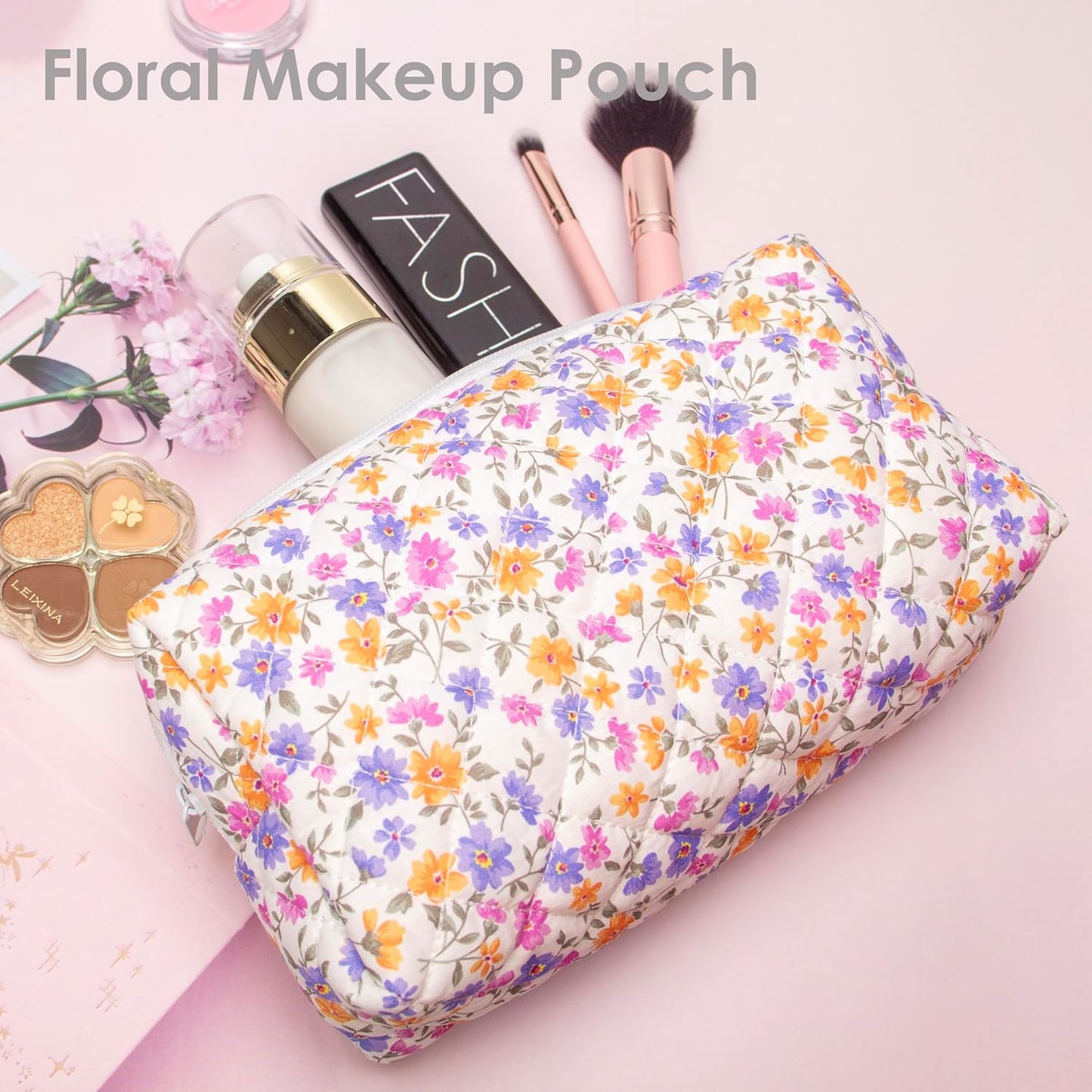 PAZIMIIK Vintage Quilted Makeup Bag Cosmetic Pouch for Brushes Pencils and Travel Make Up Accessories for Women and Girls,Little flower