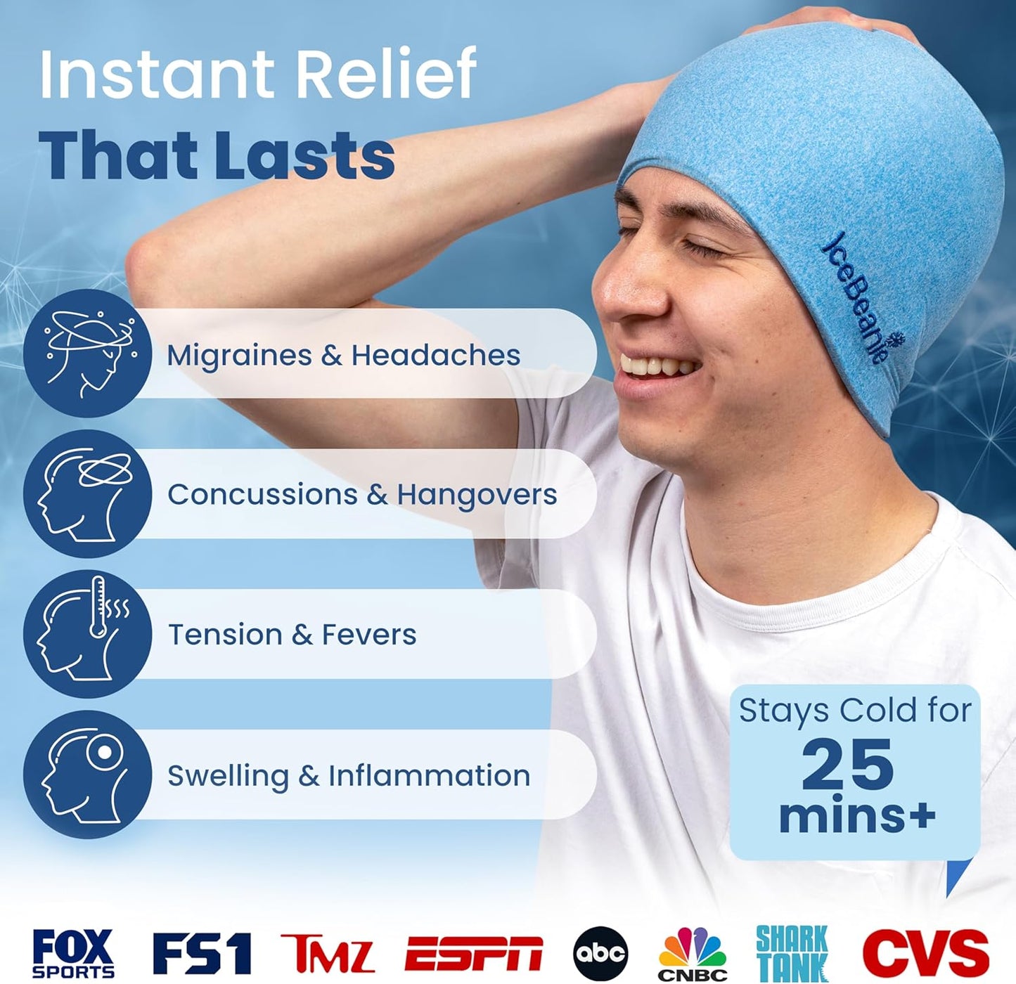 IceBeanie Migraine Relief Cap, As Seen on Shark Tank, Soft & Stretchy Gel Tension Headache Relief Cap, Extended Cooling Hangover Ice Hat, Odorless Head Wrap Ice Pack Wrap, Headache Migraine Mask