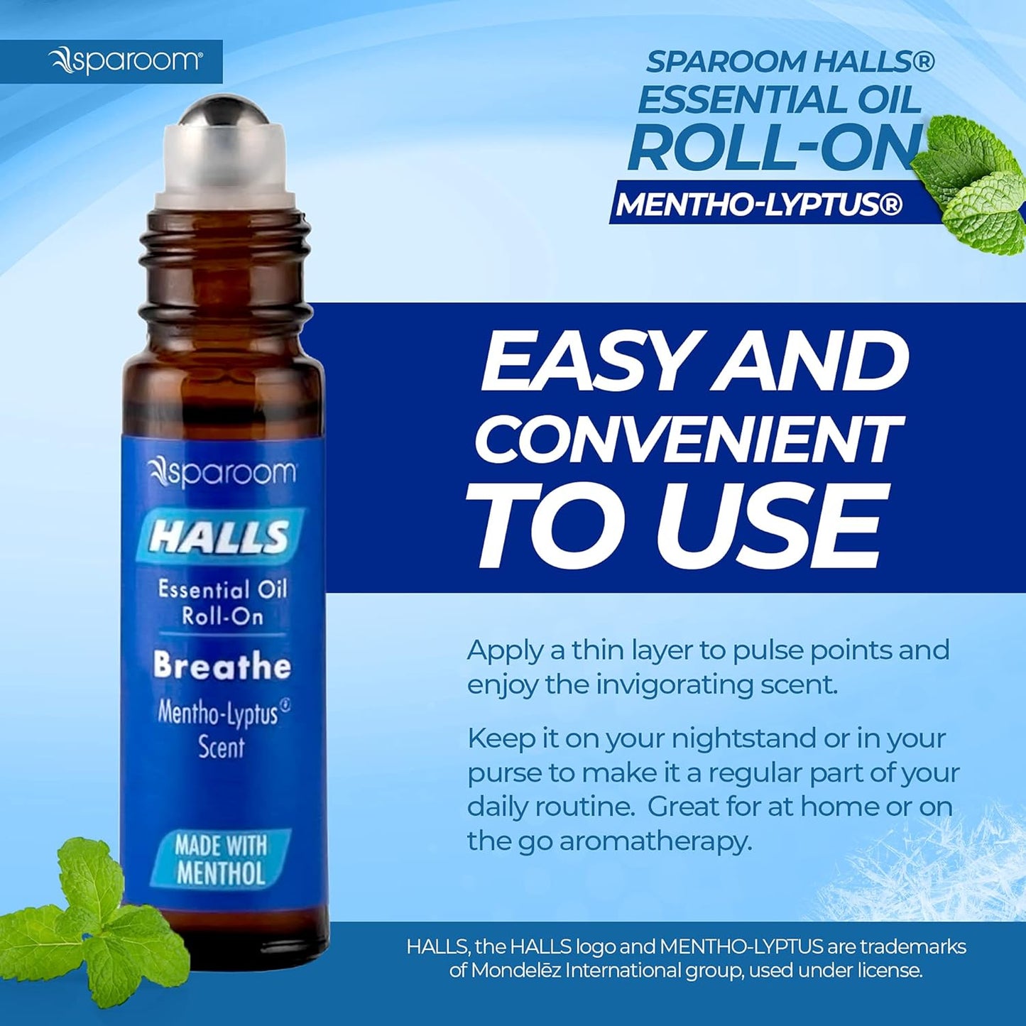 Halls Breathe Essential Oil Roll On Mentho-Lyptus – Refreshing Menthol and Eucalyptus Blend for Focus and Breathing Support, On-The-Go Wellness Aroma, 10mL Non-Greasy Skin Formula