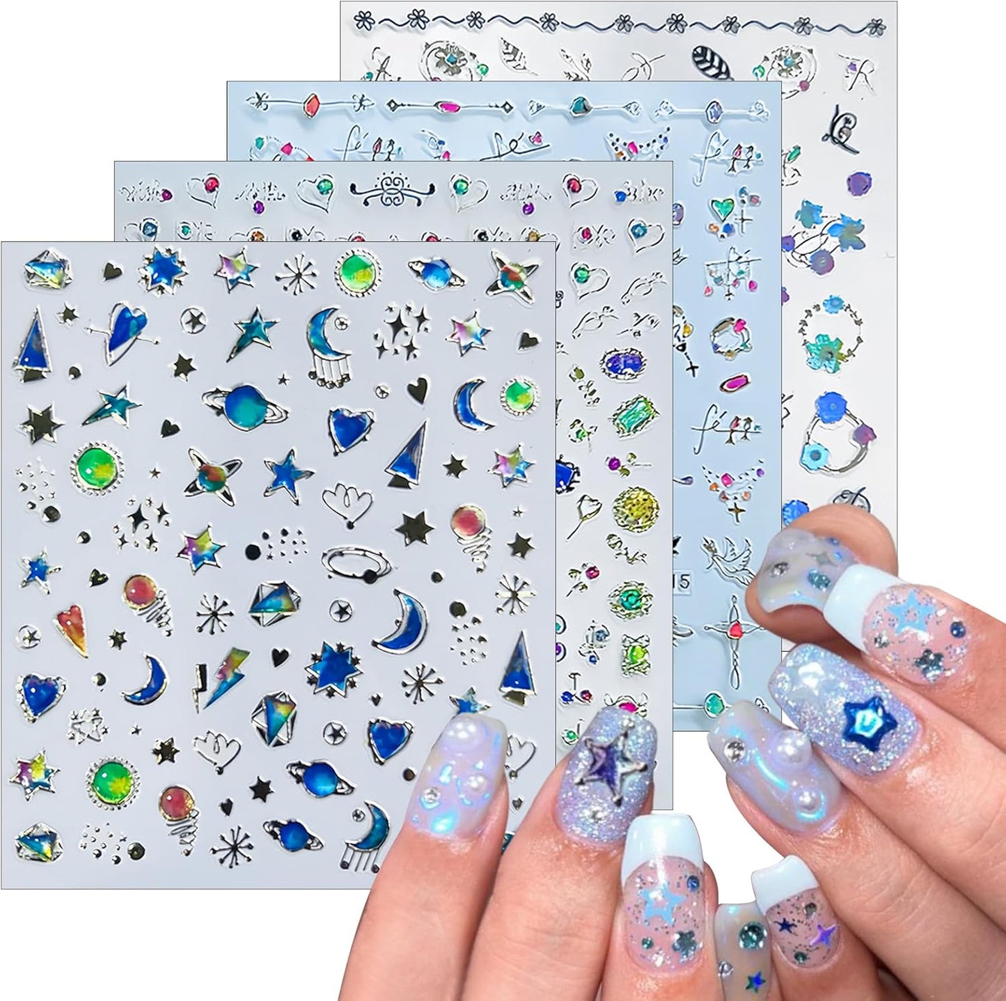 4 Sheets Star Sun Moon Nail Art Stickers 3D Holographic Self Adhesive Glitter Colorful Floral Nail Stickers Sparkly Heart Gems Design Nail Supplies for Women and Girls DIY Manicure Decoration