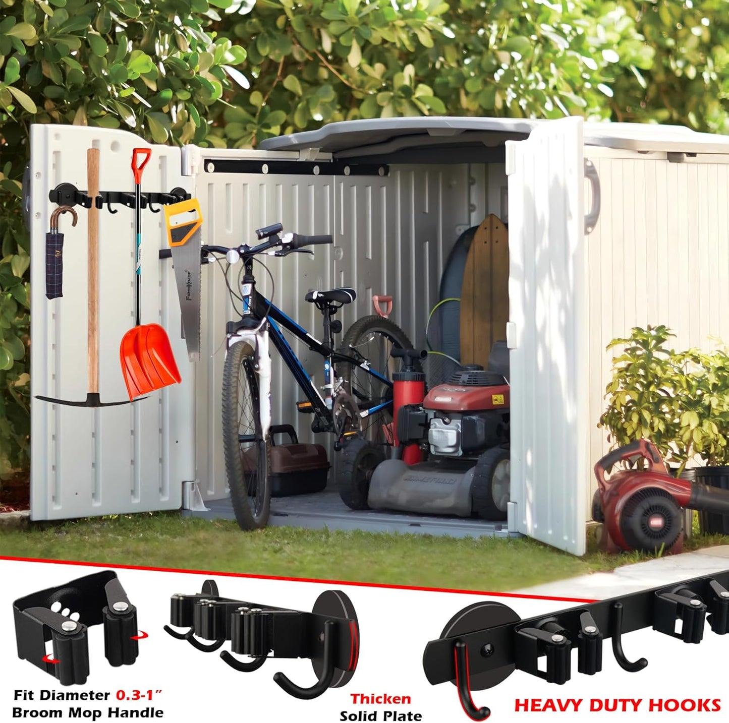 MUTUACTOR Heavy Duty Magnetic Broom Holder, 1PCS Mounting Broom and Mop Hanger, Anti-slip Black Magnetic Tool Holder 3 Slots and 4 Hooks for Fridge, Metal Door, Garage, Work Station