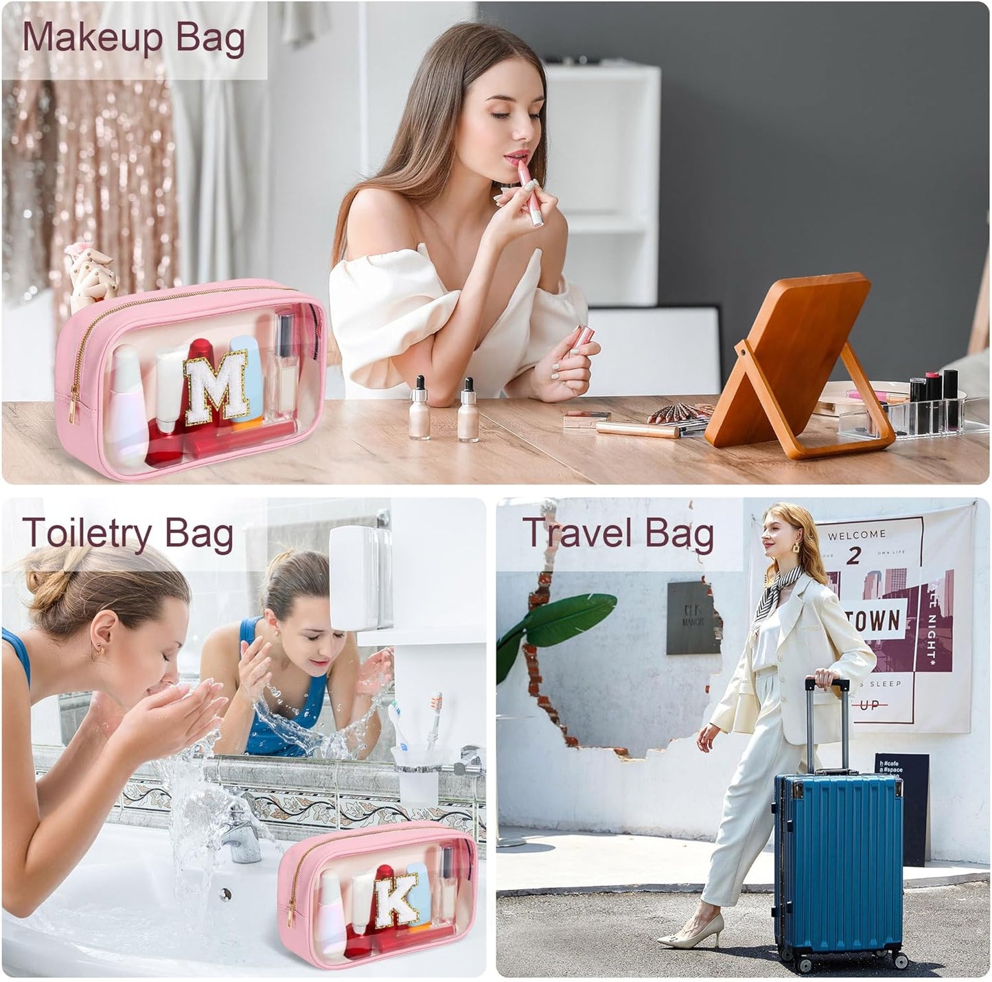 YOOLIFE Birthday Gifts | Initial Travel Makeup Bag Pouch, Clear Toiletry Bag for Women Travel Accessories Cosmetic Bag Skin Care for Teen Make Up Bags Birthday Gifts for Teacher Mom Pink B