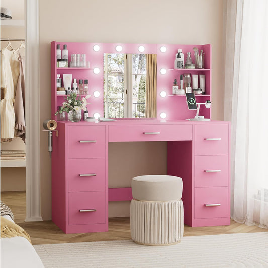 YESHOMY Vanity Desk with Mirror, Power Outlet and 10 Lights, Makeup Table with 7 Drawers, 3 Color Modes Available for Bedroom, Pink
