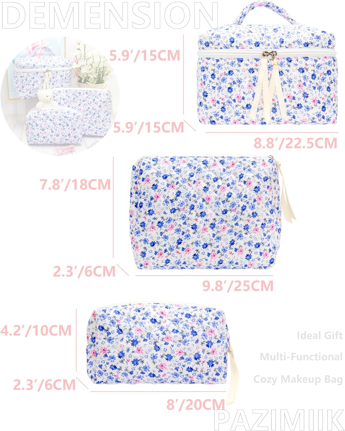 PAZIMIIK 3PCS Makeup Bag SET Large Travel Quilted Zipper Soft Cosmetic Case Pouch for Women Girls Make Up,Floral Blue