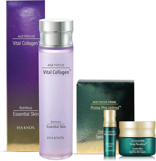 ISA KNOX Age Focus Vital Collagen Essential Toner, Prime Wrinkle for All Serum & Prime Eye for All Cream with Vitamins C, B12 & E (177 ml/5.99 fl oz) Korean Skincare