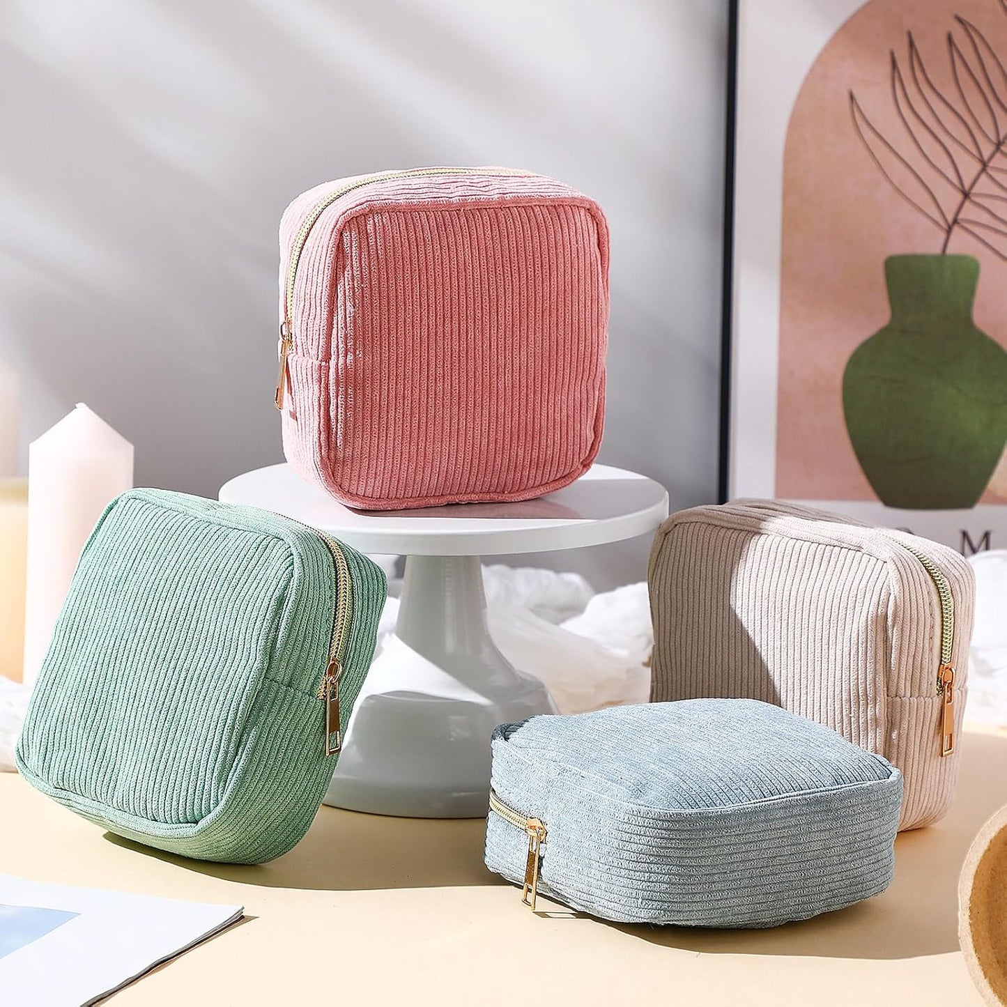 4 Pcs Sanitary Napkin Storage Bag Corduroy Period Bag for School Teen Mini Makeup Preppy Cosmetic Wallet Set for Women Portable First Period Pouch with Zipper Cute Pad Pouch
