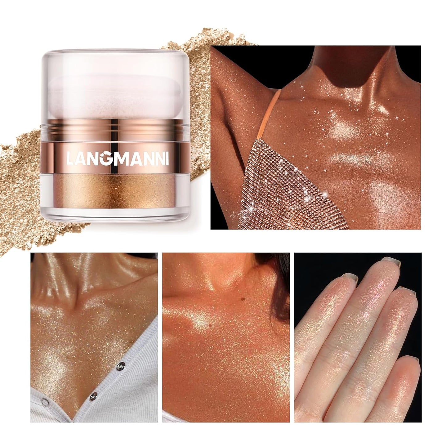 Glitter Body Highlighter Powder Body Shimmer Sparkle Face Brightening Highlighter Powder for Face Eyes Body Glow Makeup With sponge head（silvery）