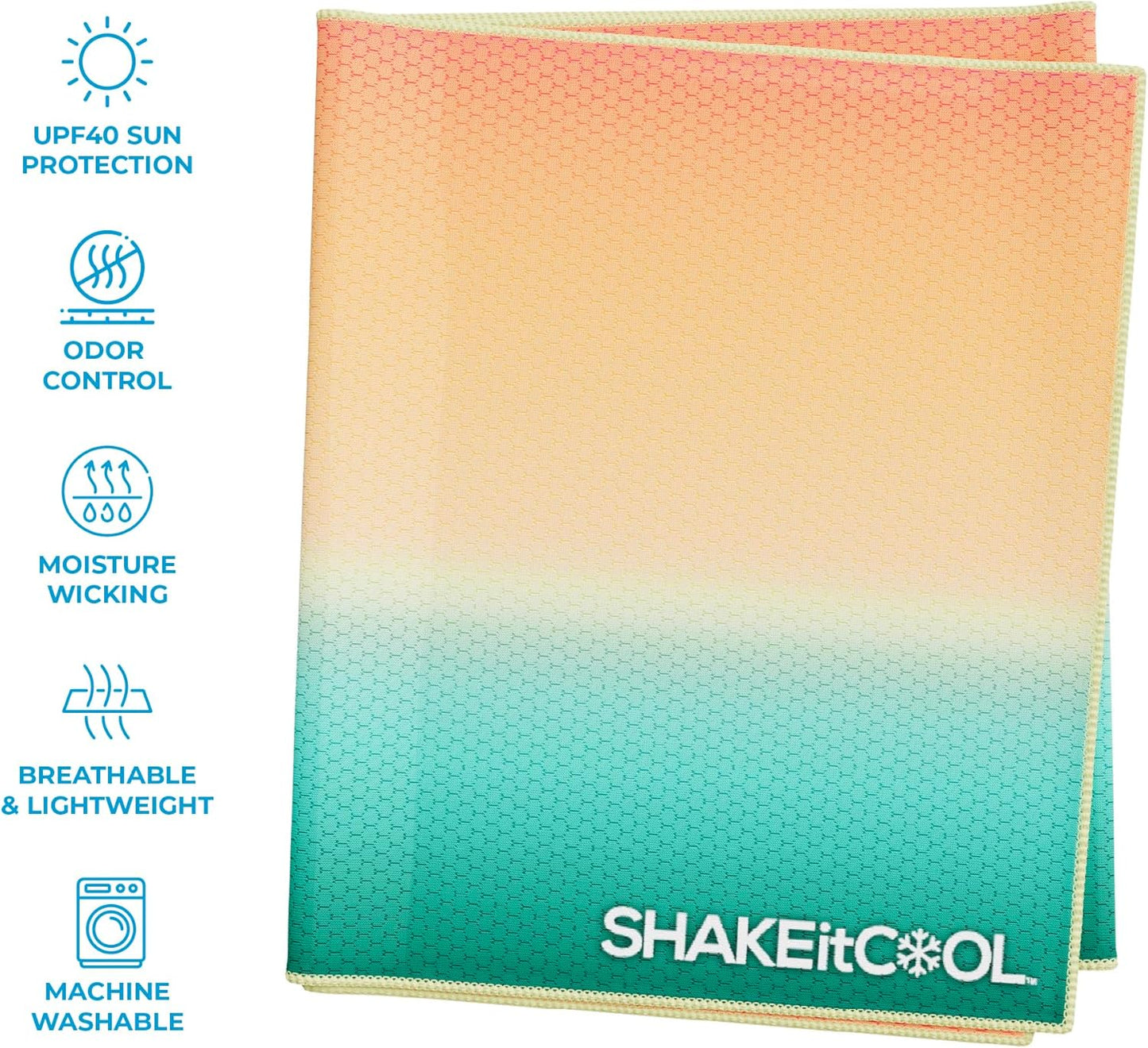 SHAKEitCOOL Extended Size Cooling Towel – Be Cool in Style - Heat Relief, Soft, Lightweight, Sun Protection, Easy Clean - Perfect for Biking, Hiking, Running, Yoga, Golf - Orange Blue Ombre M