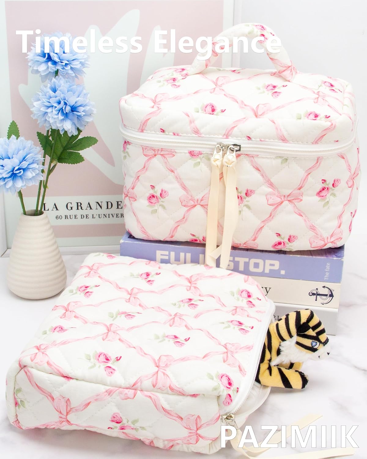 PAZIMIIK Quilted Makeup Bag Large Travel Zipper Soft Cosmetic Case for Women Girls Make Up,Bow Rose
