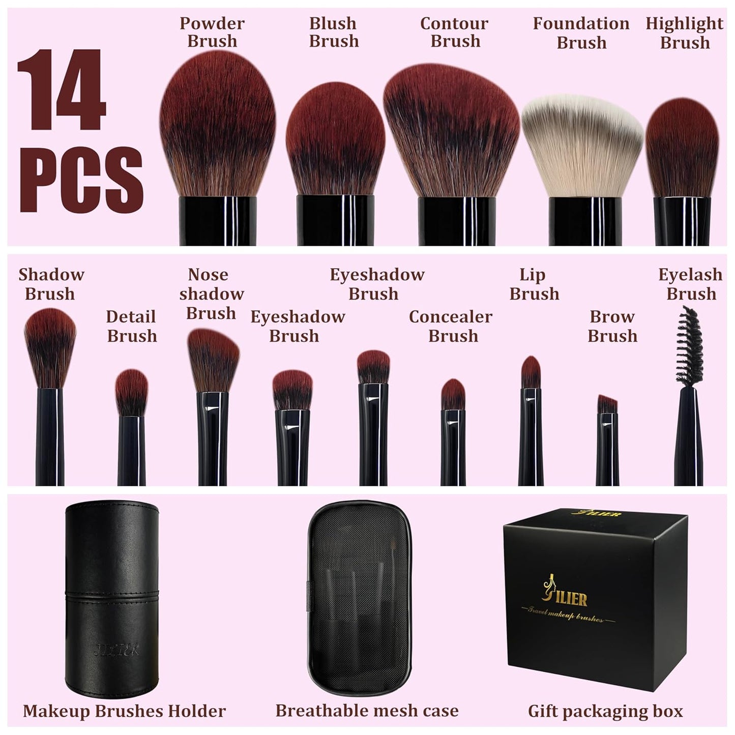 Jilier Travel Makeup Brush Set, 14 pcs Mini Makeup Brushes for Foundation, Powder, Eyeshadow, Highlight, Contour, Blush & Concealer, Small Makeup Brush Set Purse Size with Case (Black)