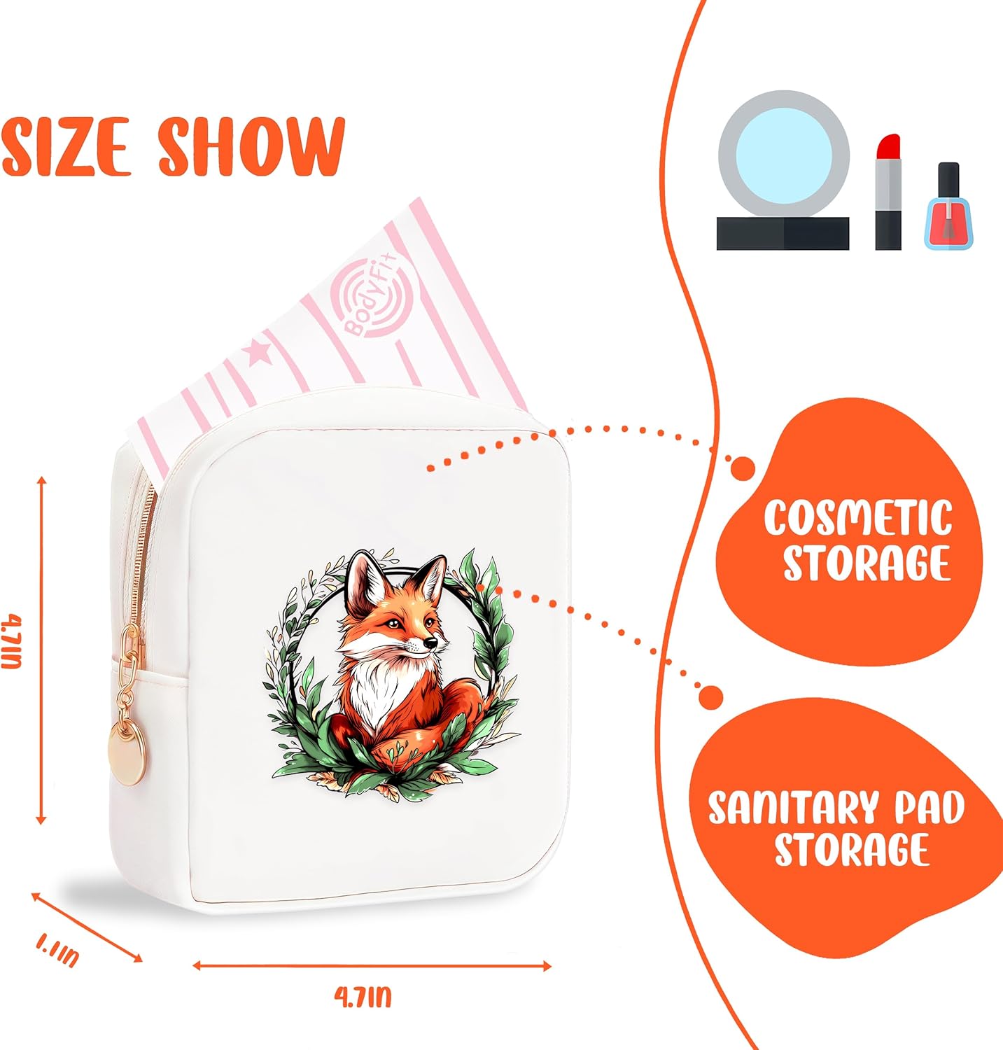 Fox Mini Makeup Bag, Fox Gift For Women Girls, Cute Portable Zipper Pouch Cosmetic Bag For Teen Girls Kids, Small Storage Bag For Sanitary Pad, Period napkin bag!