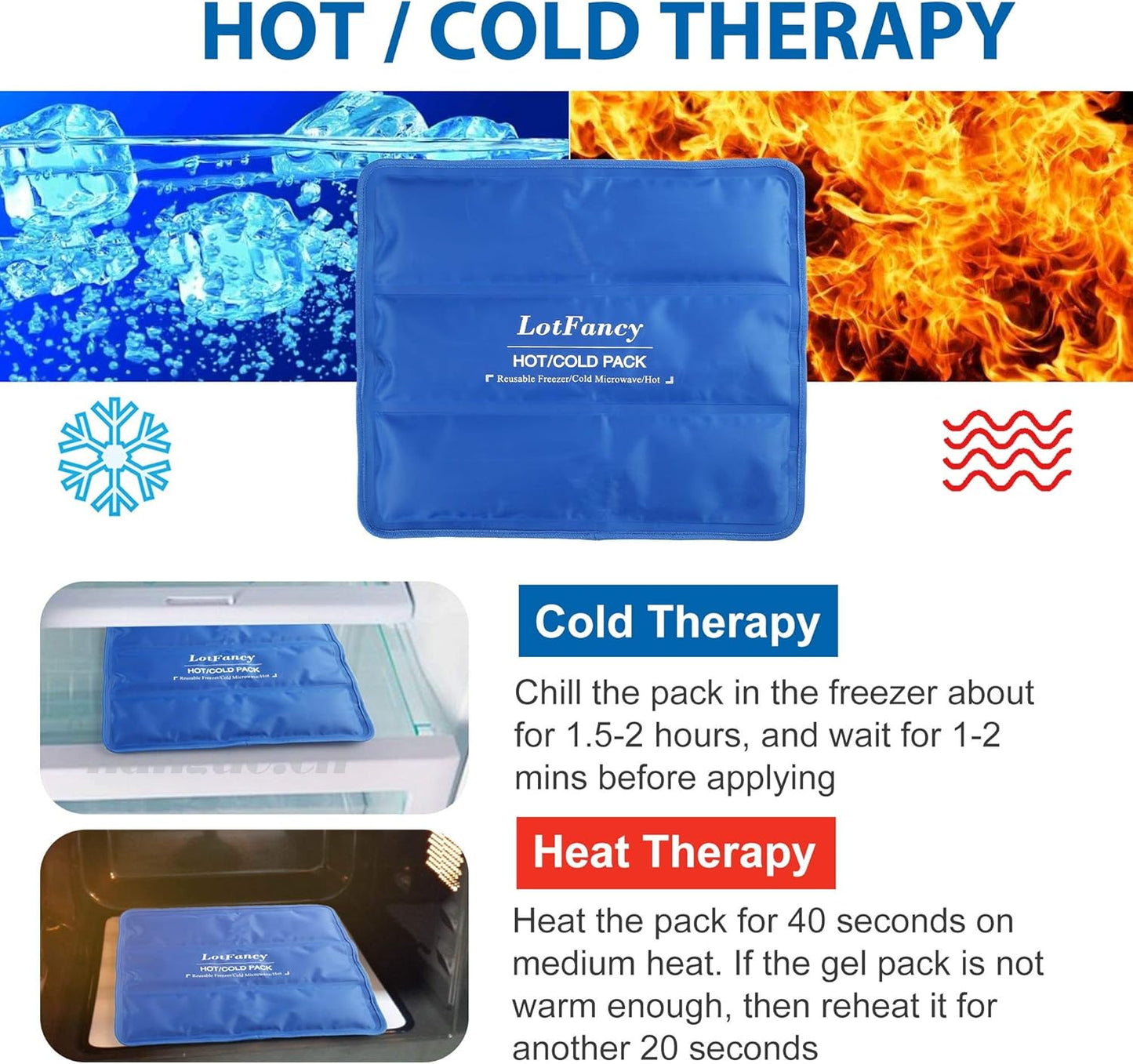LotFancy Ice Pack for Injuries, Reusable Large Hot Cold Pack for Therapy, Heating or Cooling Gel Pad for Back Shoulder Knee Waist Sprains, Muscle or Joint Pain Relief, 14" x12"