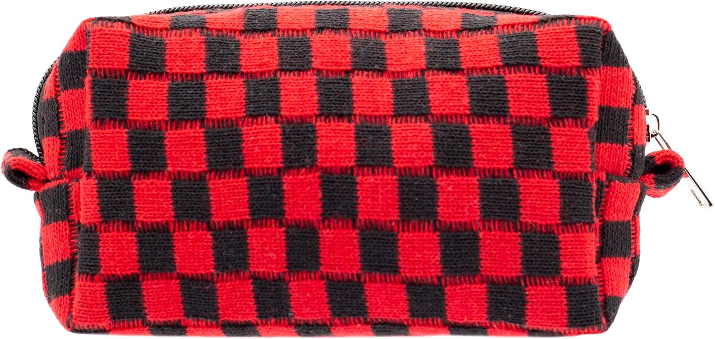 PAZIMIIK Checkered Makeup Bag for Purse Portable Zipper Make Up Pouch Small Cosmetic Case for Travel Accessories (Red Black)