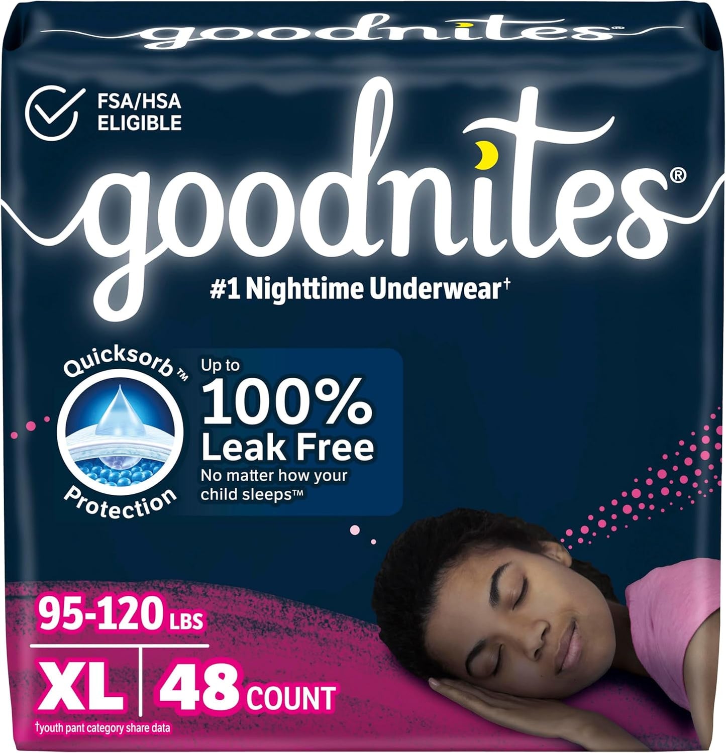 Goodnites Girls' Nighttime Bedwetting Underwear, Size Extra Large (95-120 lbs), 48 Ct (2 Packs of 24), Packaging May Vary