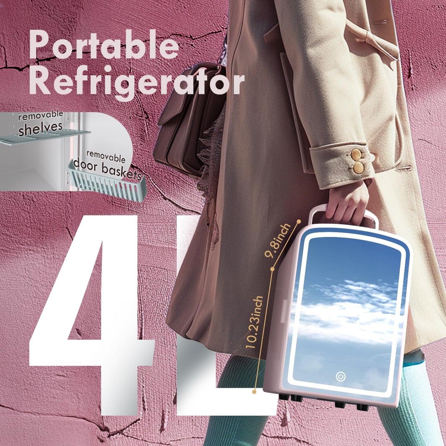 Mini Fridge for Skin Care, 4 Liter Portable Small Fridge with Dimmable LED Mirror, Hot or Cold Personal Beauty Refrigerator for Bedroom, Office, Car, Makeup(Pink)