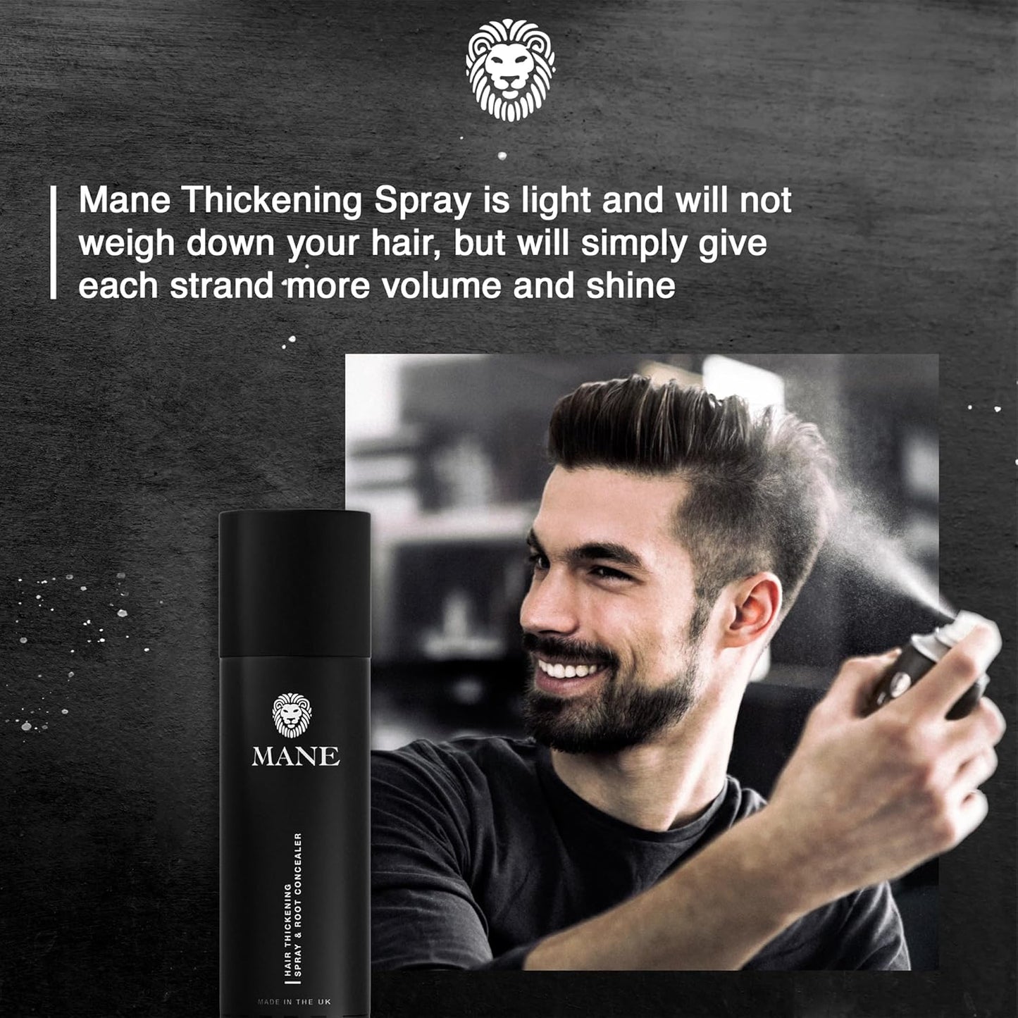 Mane Hair Thickening Spray & Root Touch Up, Instantly Thicker Hair for Men & Women, Fill in Hairlines and Hide Thinning and Fine Patches - Black, 12 Colors (6.76 oz)