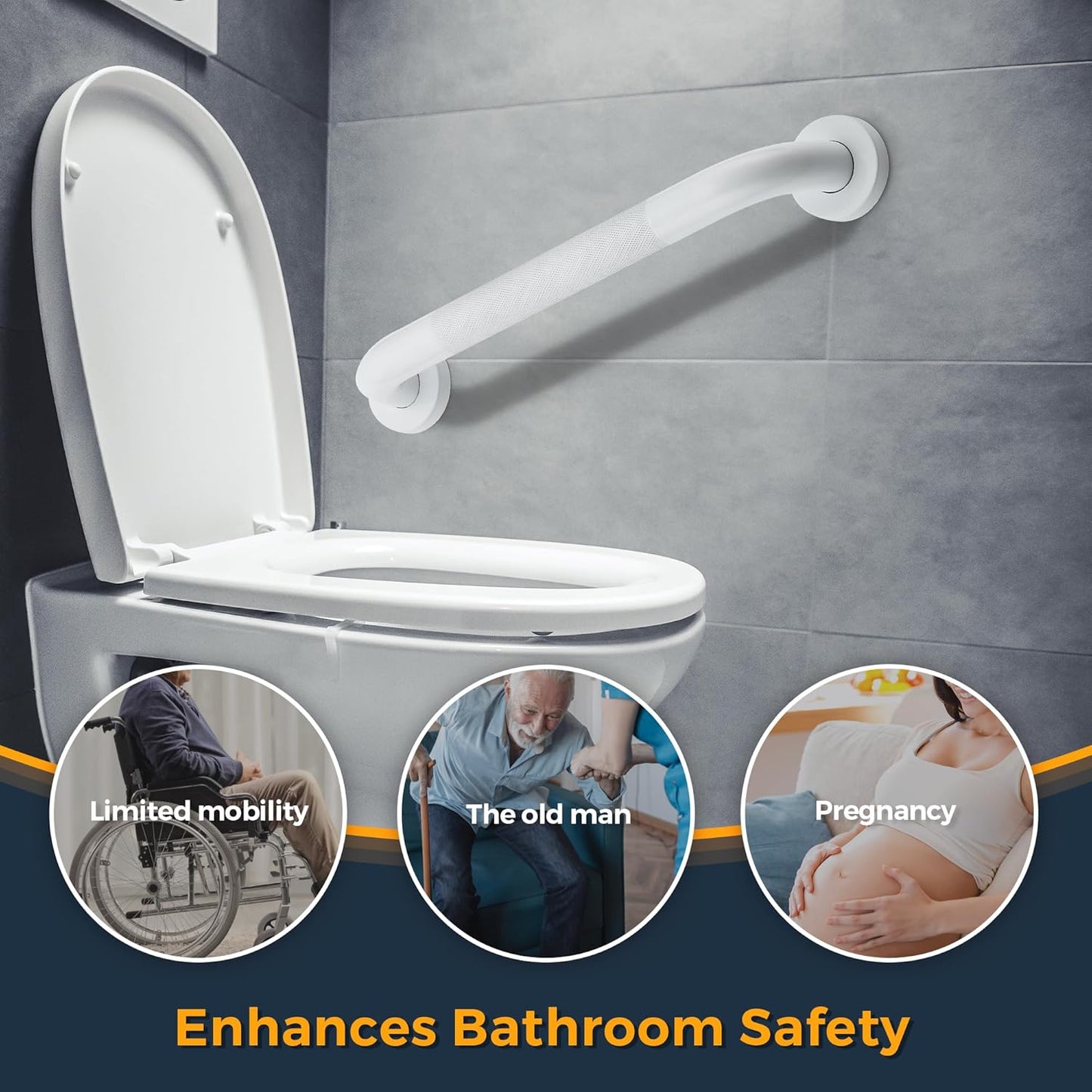 Grab Bars for Shower, 1 Pack 16-Inch Anti Slip Shower Handles for Elderly, Safety Shower Grab Bar, Stainless Steel Handicap Grab Bars for Bathroom (White 1" Diameter)