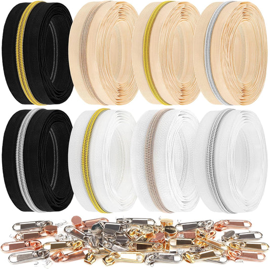 DOITEM 17.8 Yards Endless Zippers by The Meter Black White Zipper 6 mm Spiral + 32 Nonlock Zippers (Gold Silver Rose Gold)