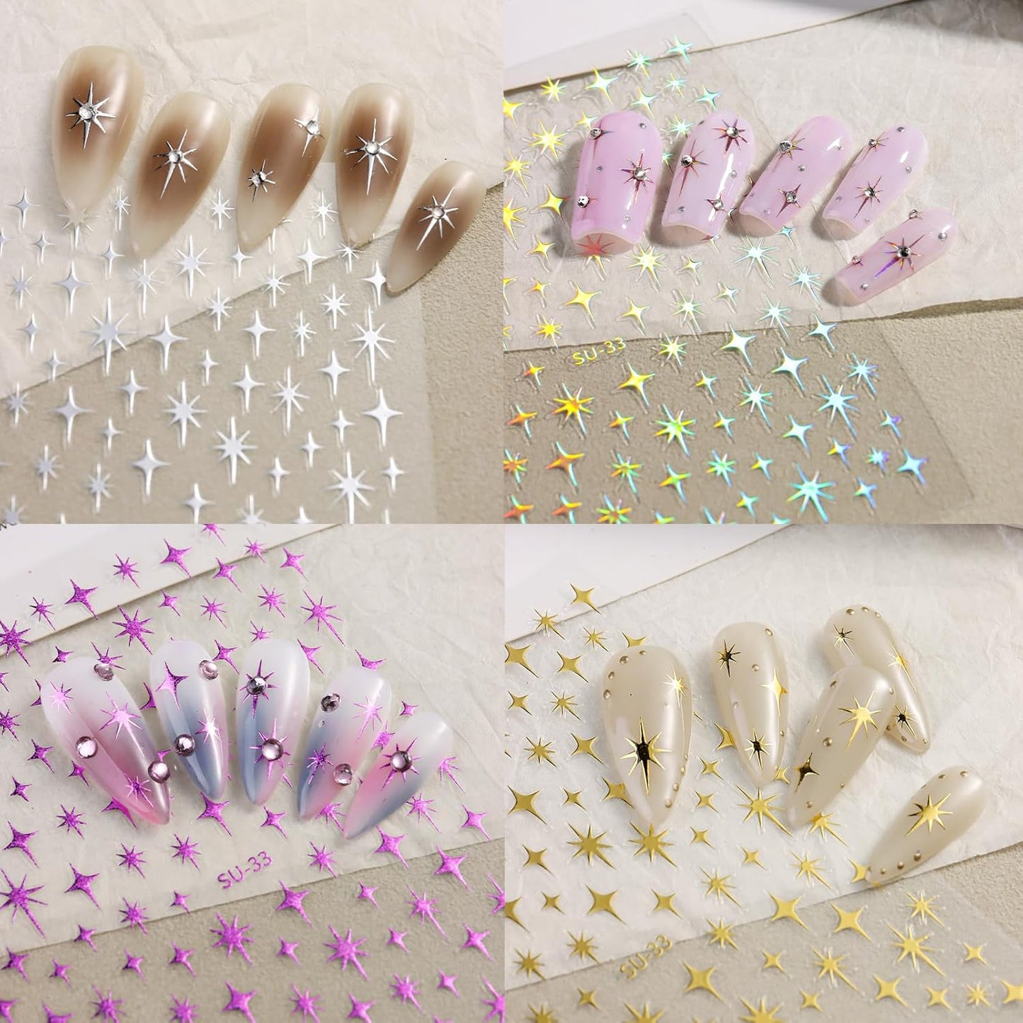 8 Sheet Bronzing Star Nail Stickers 3D Shiny Star Nail Decals Starlight Designs Sticker Nail Gold and Silver Purple Manicure Accessories for Women Nail Decorations
