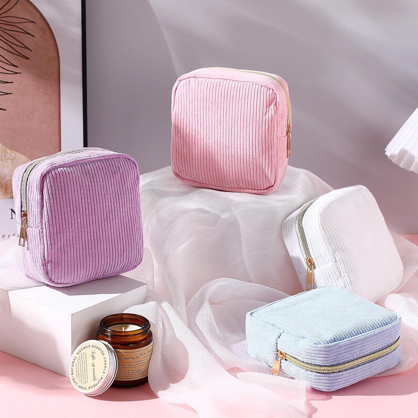 4 Pcs Sanitary Napkin Storage Bag Corduroy Period Bag for School Teen Mini Makeup Preppy Cosmetic Wallet Set for Women Portable First Period Pouch with Zipper Cute Pad Pouch