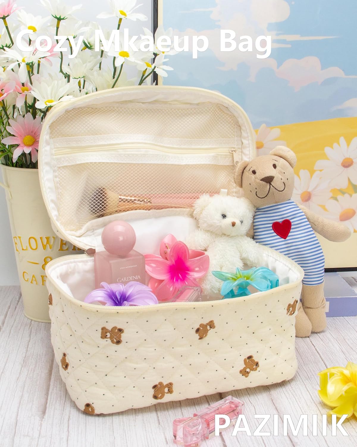 PAZIMIIK 3PCS Makeup Bag SET Large Travel Quilted Zipper Soft Cosmetic Case Pouch for Women Girls Make Up,Gauze Bear