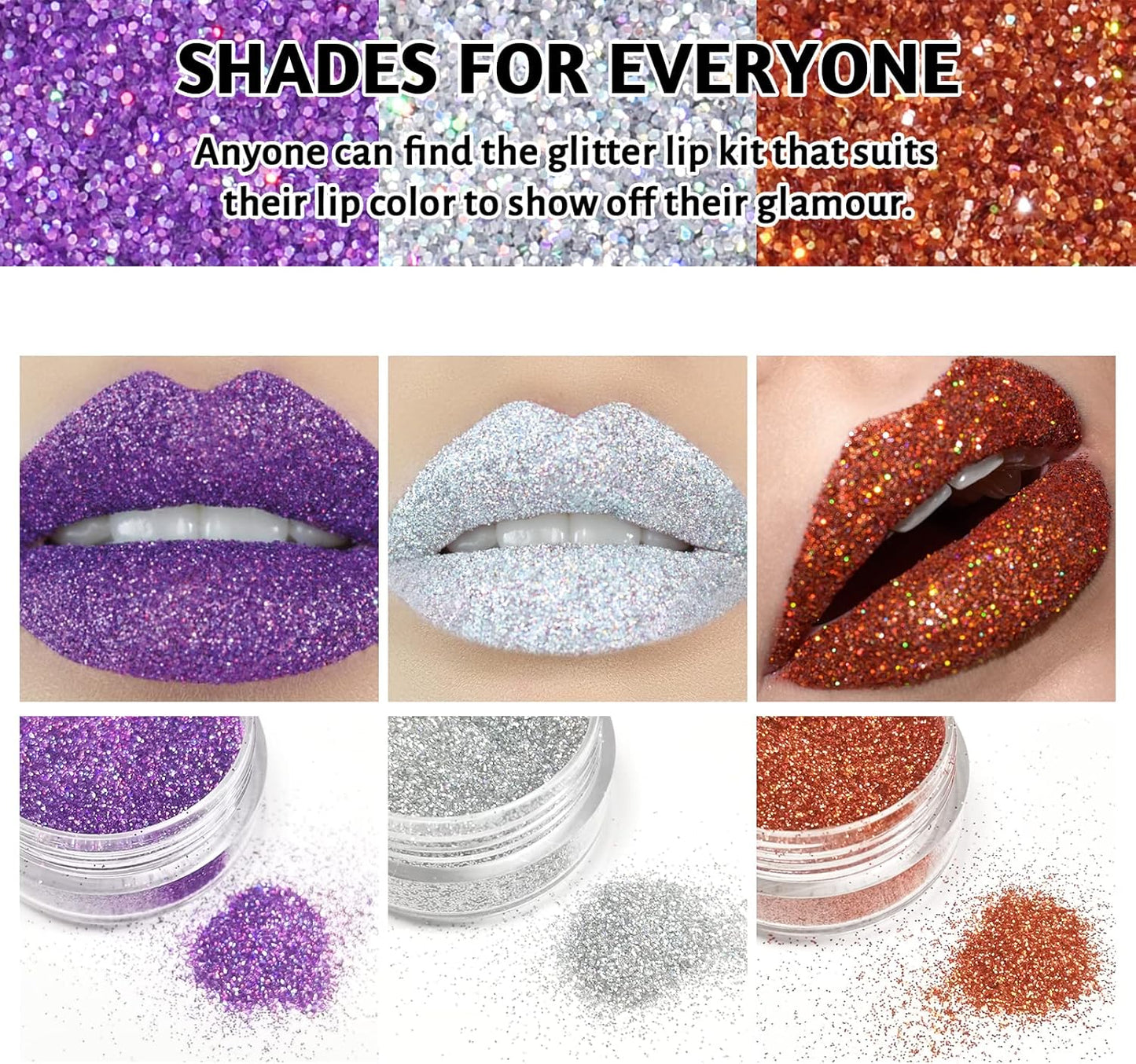 3 Colors Glitter Lip Kit, Diamond and Metallic Powder With Primer, Waterproof Long Lasting & Smudge Proof, Shimmer Sparkly Cosmetic Without Sticky Flake Off Set C