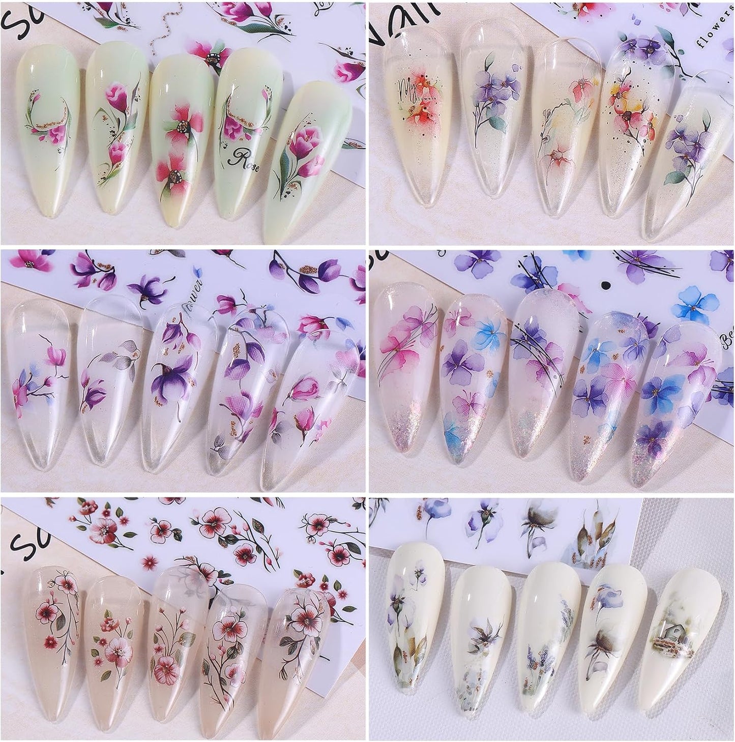 Ink Flower Nail Art Stickers 12 Sheets 3D Self-Adhesive Nail Decals with Tweezers Watercolor Floral Leaves Stickers Charming Blossom Flowers Designs Nail Art Supplies Manicure Accessories for Women