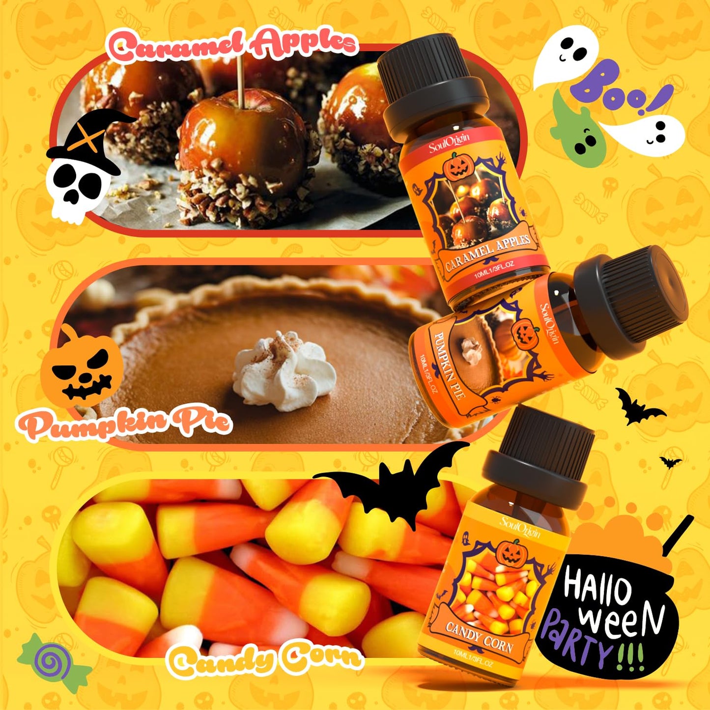 Halloween Fragrance Oils Set, Essential Oil for Diffuser, Diffuser Oil, Use for Soap Candle Making,Caramel Apples, Pumpkin Pie, Candy Corn, Halloween Cookies, Popcorn Balls, Snickers Bars