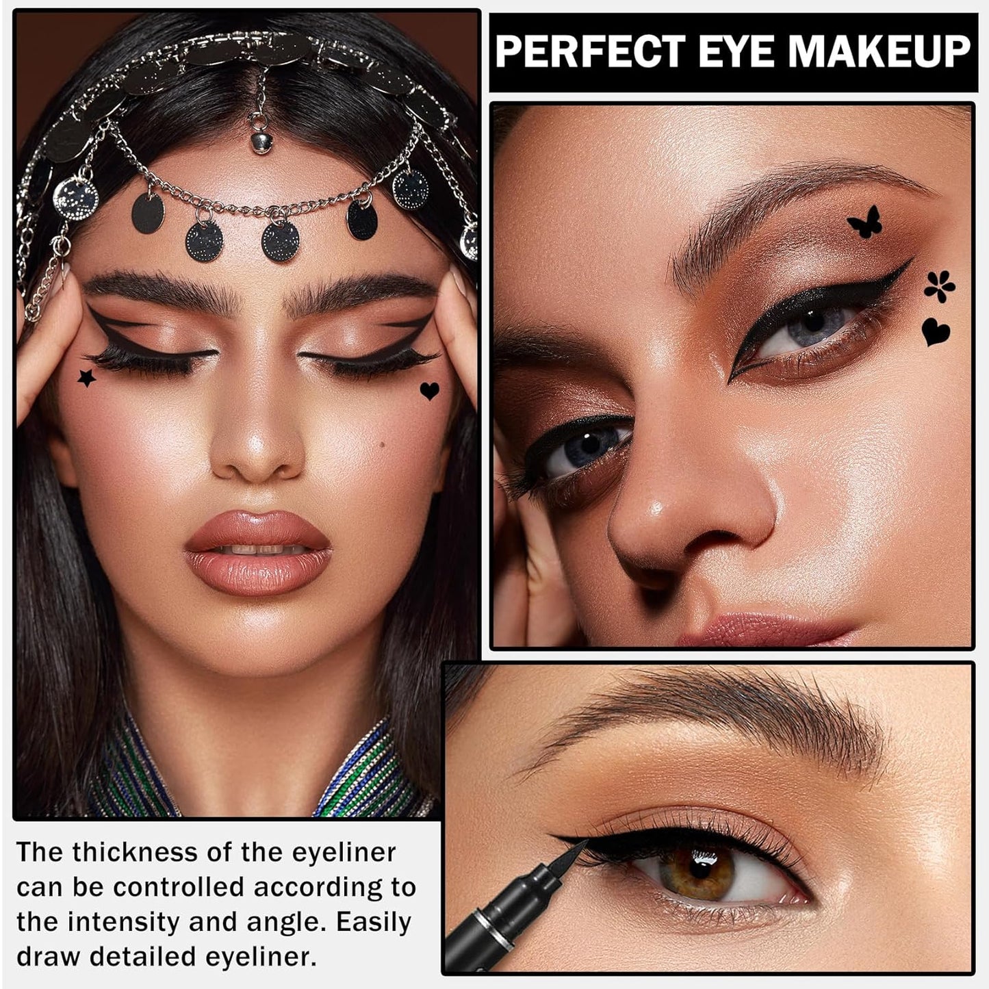 2PCS Double-headed Eyeliner Stamp Pencil Black Liquid Winged Eyeliner Stamp Pen Waterproof Smudgeproof Eye Liner Stamp for Eye Makeup(Heart+Star)