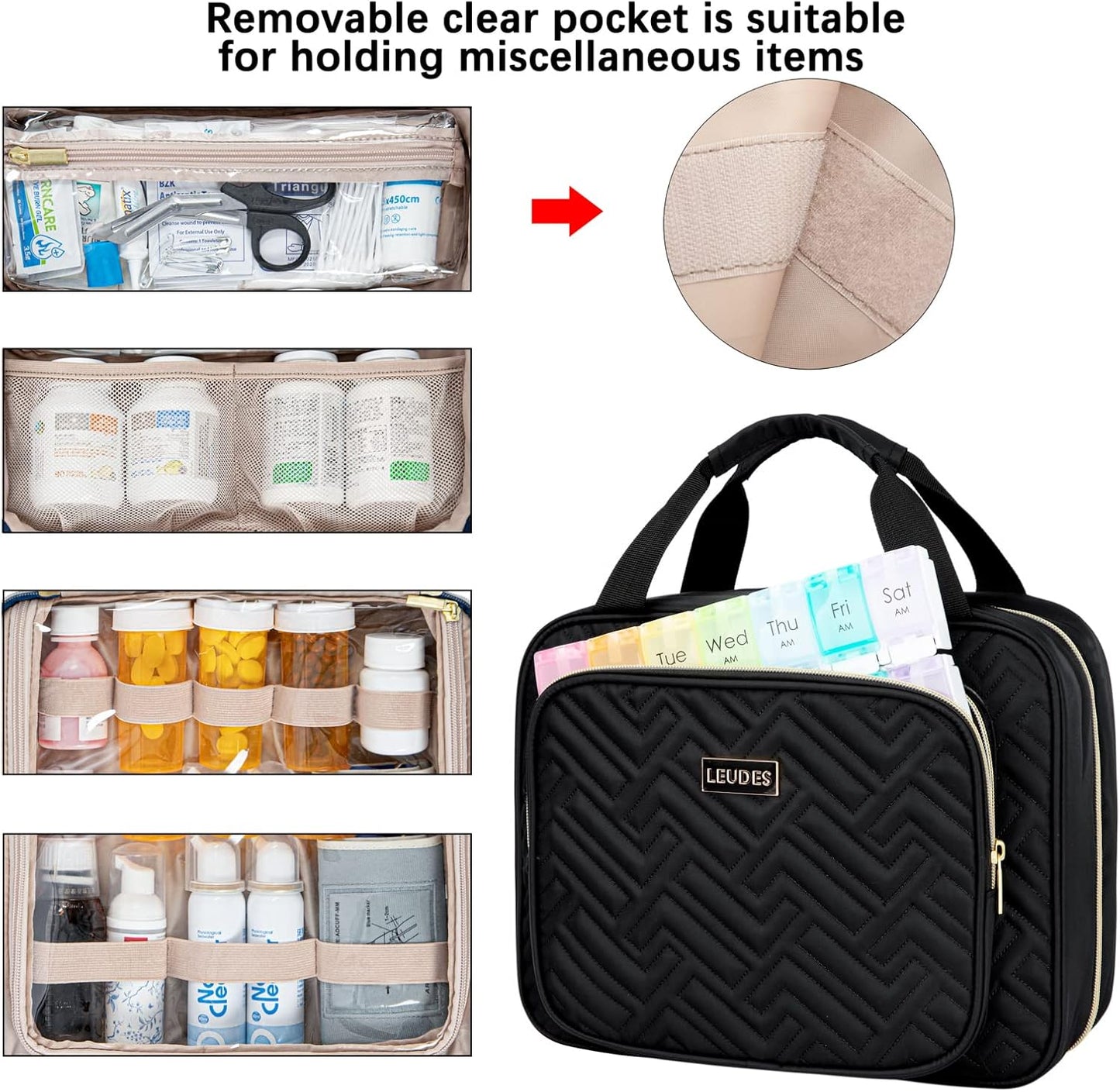 Leudes Travel Pill Bottle Organizer,Medicine Organizer and Storage,Home Medication Bag, Cases,Carrier for Pills,Vitamin,Fish Oil,Supplements for Women and Men (Large, Black)