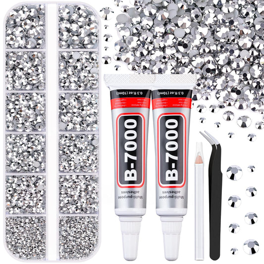 6100Pcs Resin Rhinestones for Crafting with 2Pcs 10ml B7000 Jewelry Glue, 1 Box Flatback Crystals Diamond (Silver) for Bedazzling Crafts DIY Nail Art Non Hotfix Gems for Clothing Shoes