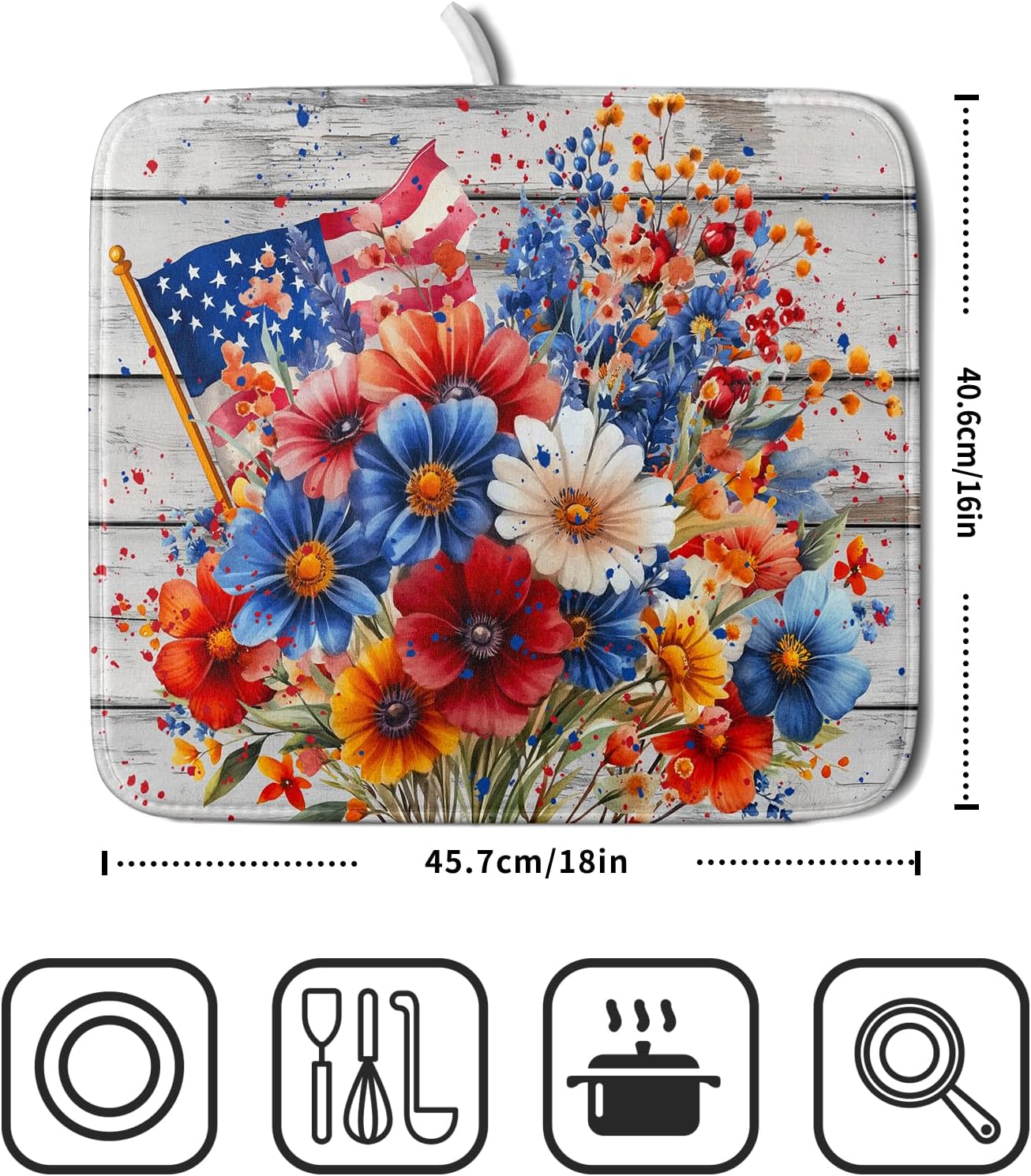 4th of July Dish Drying Mat 16x18 inch Patriotic Floral Fast Dry Microfiber Reversible Dish Drainer Rack Pad Kitchen Counter Accessories