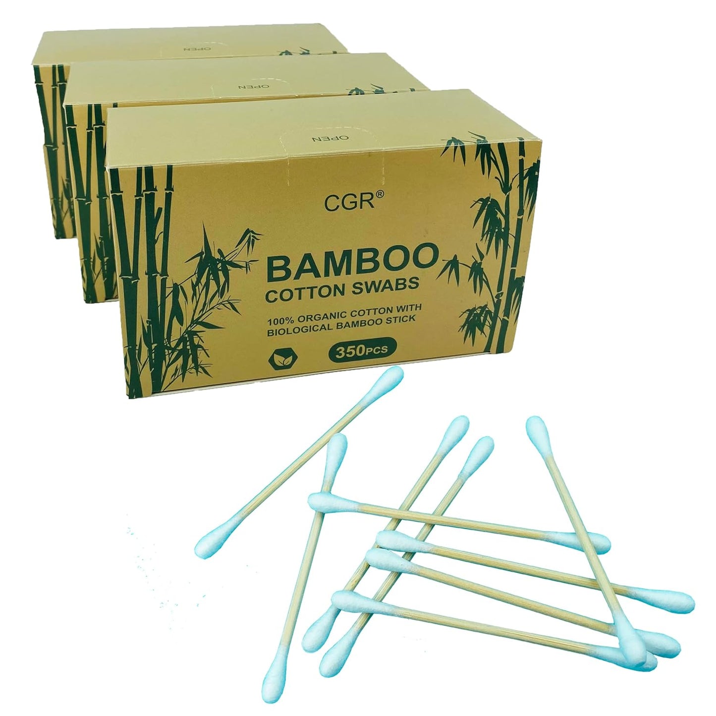 1050pcs CGR Organic cotton Swabs, 100% Cotton Double-Tipped, Bamboo Sticks(compostable), Travel Pack(3 Pack of 350 Swabs Total)