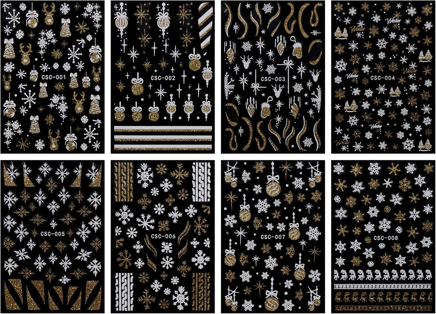 JMEOWIO 8 Sheets Christmas Glitter Nail Art Stickers Decals Self-Adhesive Snowflake Winter Holiday Cute Nail Supplies Nail Art Design Decoration Accessories