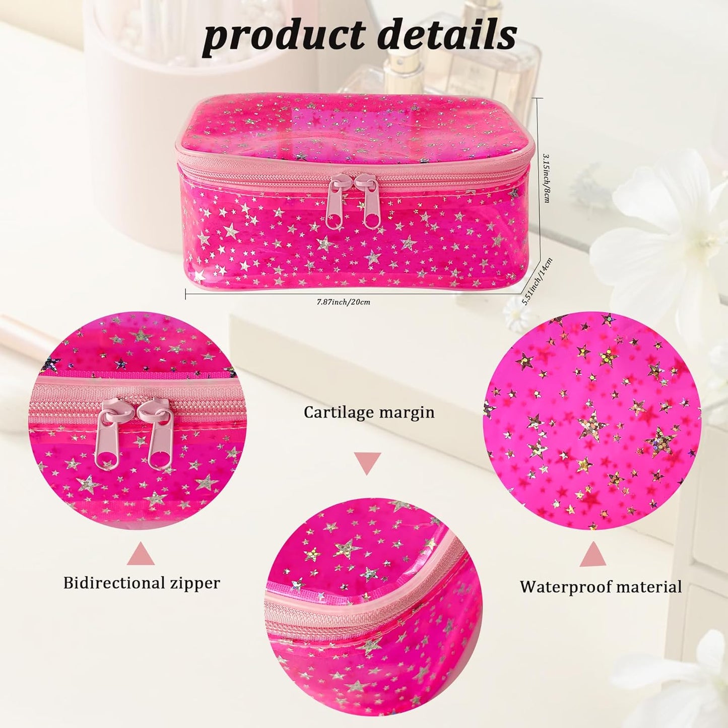 Holographic Makeup Bags Bulk,Clear Storage Bag Toiletry Pocket Portable Zippered Iridescent Pouch Waterproof Cosmetic Gift Bags for Women (Pink)