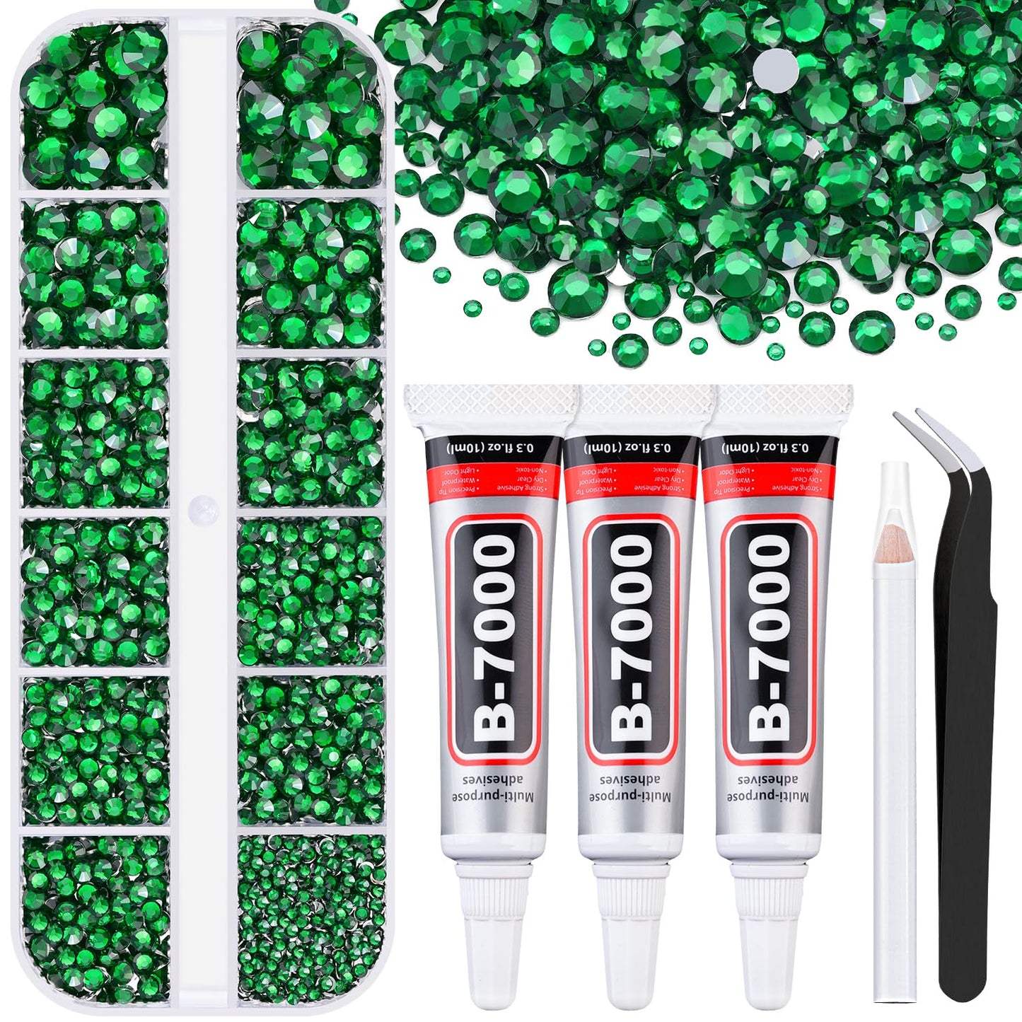 6000Pcs Resin Rhinestones for Bedazzling with 3Pcs B7000 Jewelry Glue, 1 Box Emerald Green Flatback Rhinestones for Crafting Crafts DIY, Crystals Gems for Clothing Shoes Tumblers Nail Art Makeup