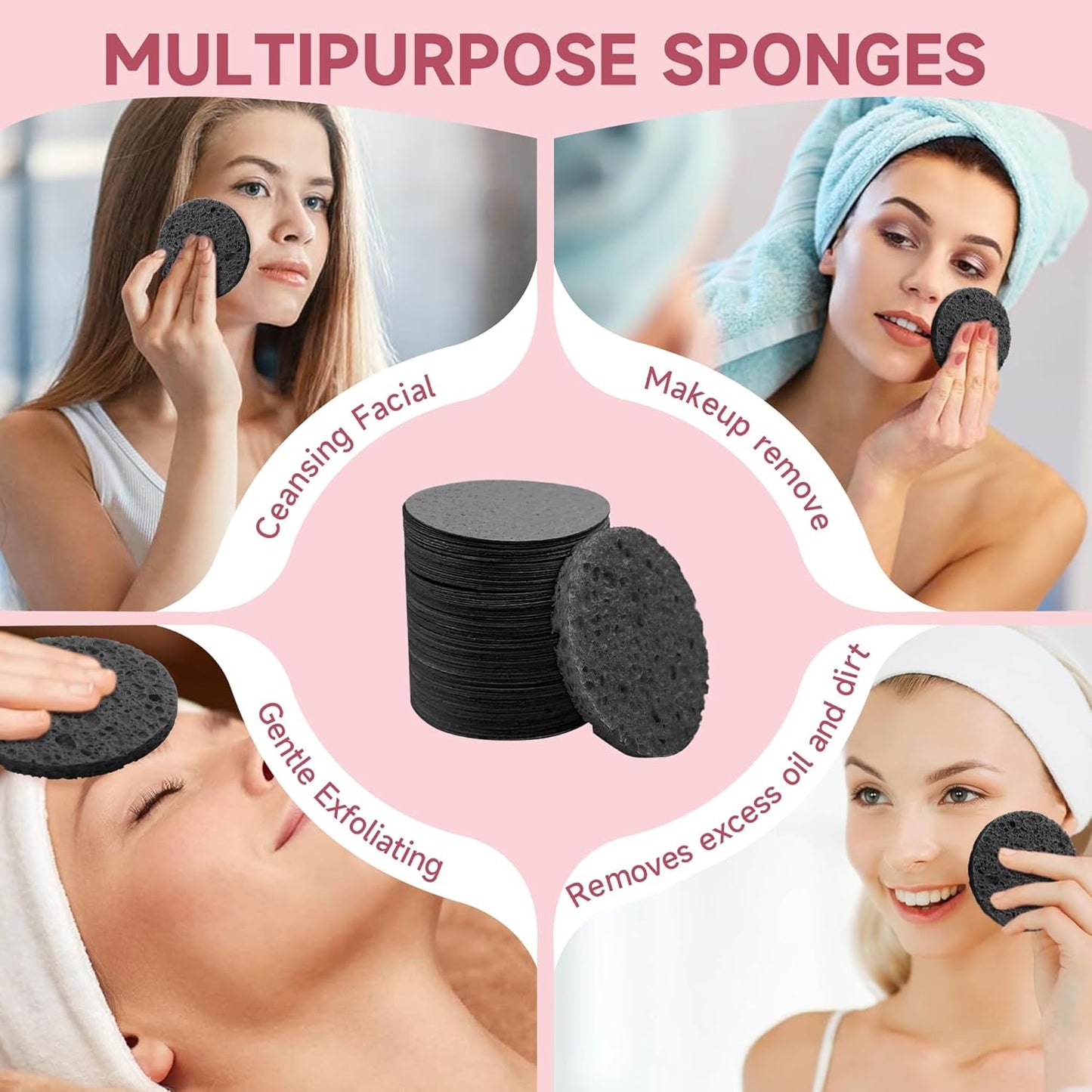 100 Count Compressed Facial Sponges 100% Natural Cellulose Eco-Friendly Makeup Sponges for Gentle Cleansing, Exfoliating & Stubborn Makeup Removal Travel for Women (Round Black)