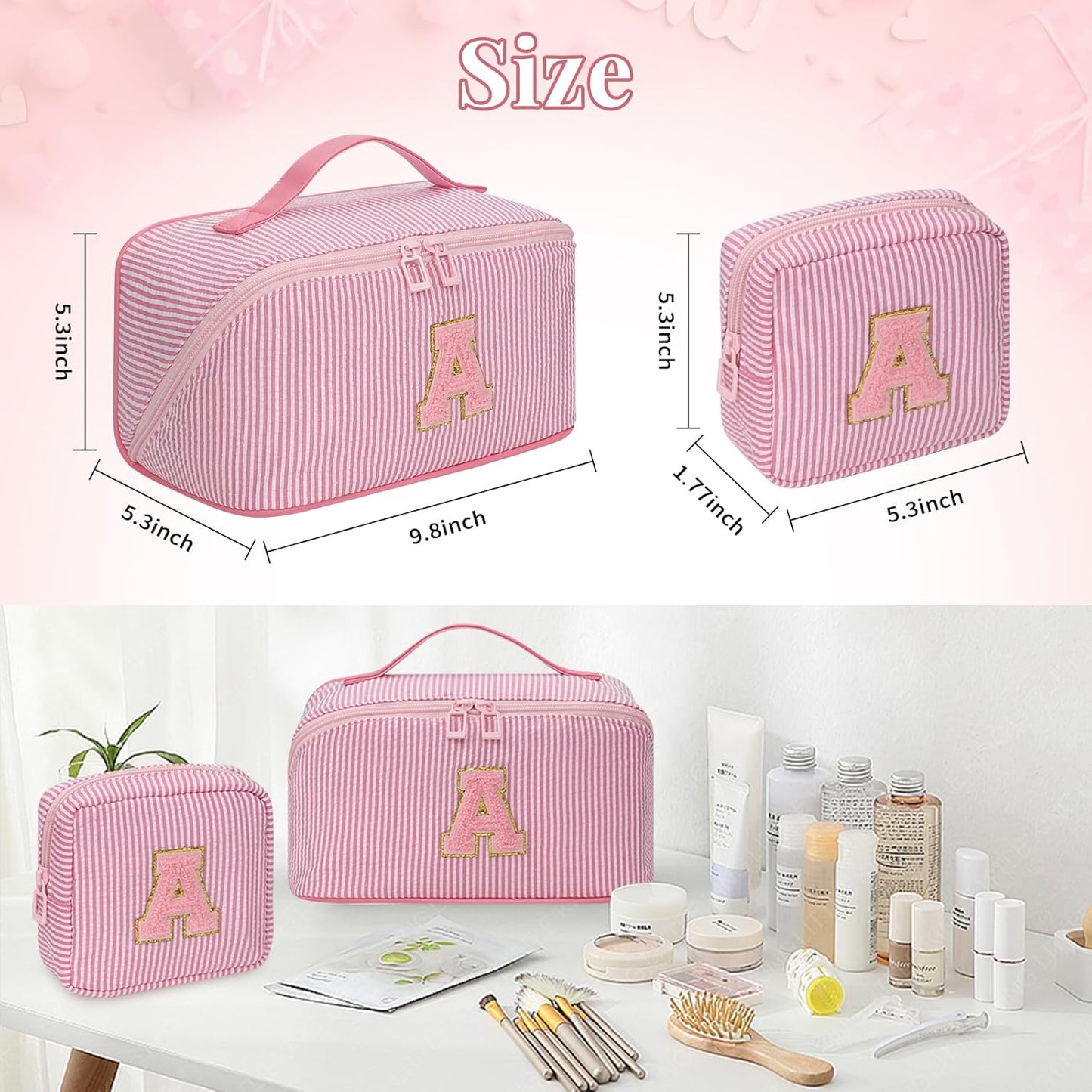 Travel Makeup Bag for Women, 2Pcs Portable Personalized Initial Makeup Organizer Bag, Open Flat Large Cosmetic Bag With Travel Essential Pouch (Pink Letter L)