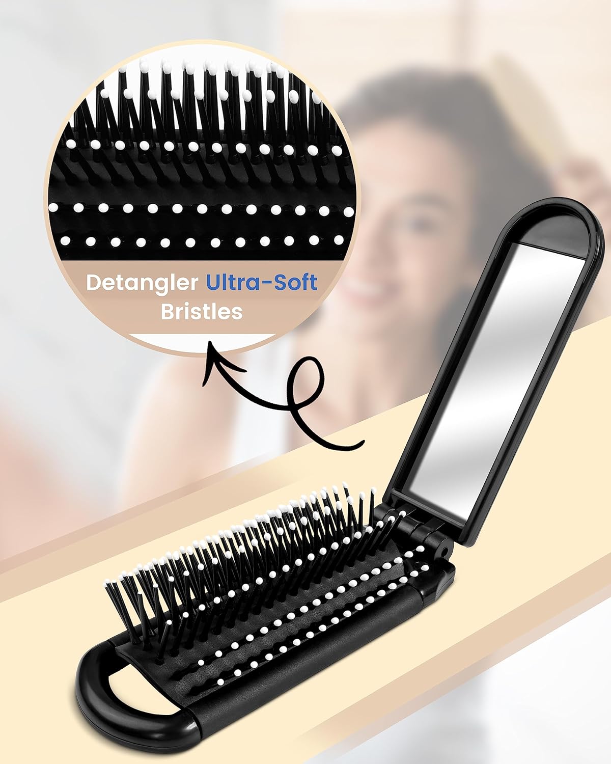 6 PCS Folding Travel Hairbrush Set with Compact Mirror for Women - Mini Pocket Brush with Mirror for Purse and Girls