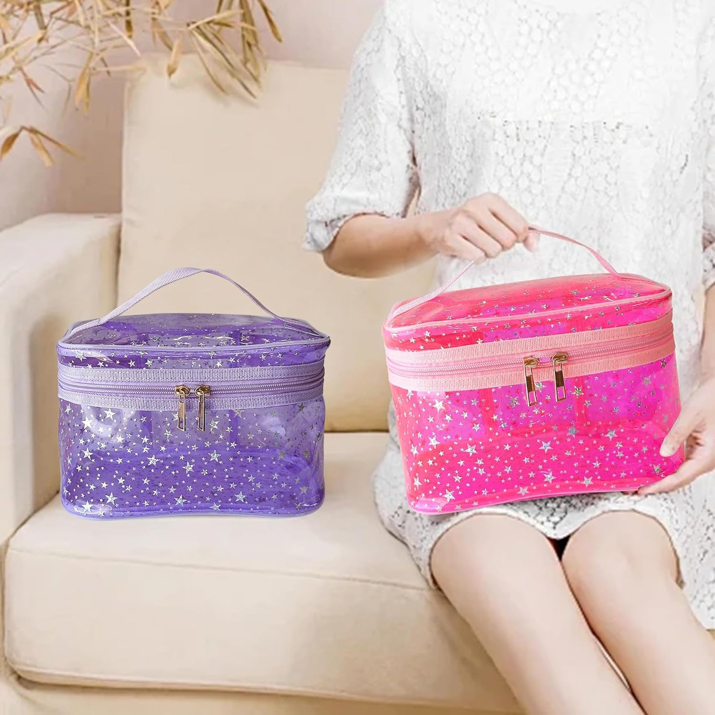Holographic Makeup Bags Bulk,Clear Storage Bag Toiletry Pocket Portable Zippered Iridescent Pouch Waterproof Cosmetic Gift Bags for Women (Purple-L)