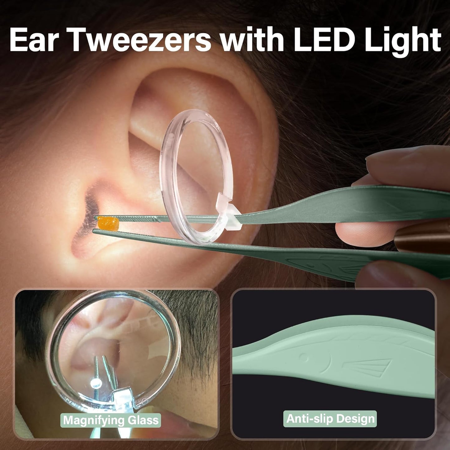 POZILAN Ear Cleaning Kit with LED Light - 15 Pack Ear Wax Removal Kit for Kids and Adults, Earwax Spoon Digger & Tweezers for Ear Cleaning Tool Present Set（Green）