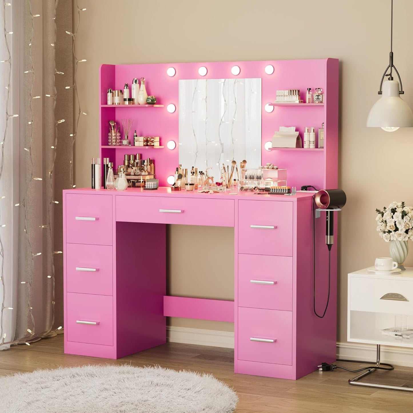 Furmax Vanity Desk with Mirror, LED Lights and Power Outlet Makeup Vanity Table with 7 Drawers and 6 Storage Shelves Dressing Table for Bedroom Dressing Room (Pink)