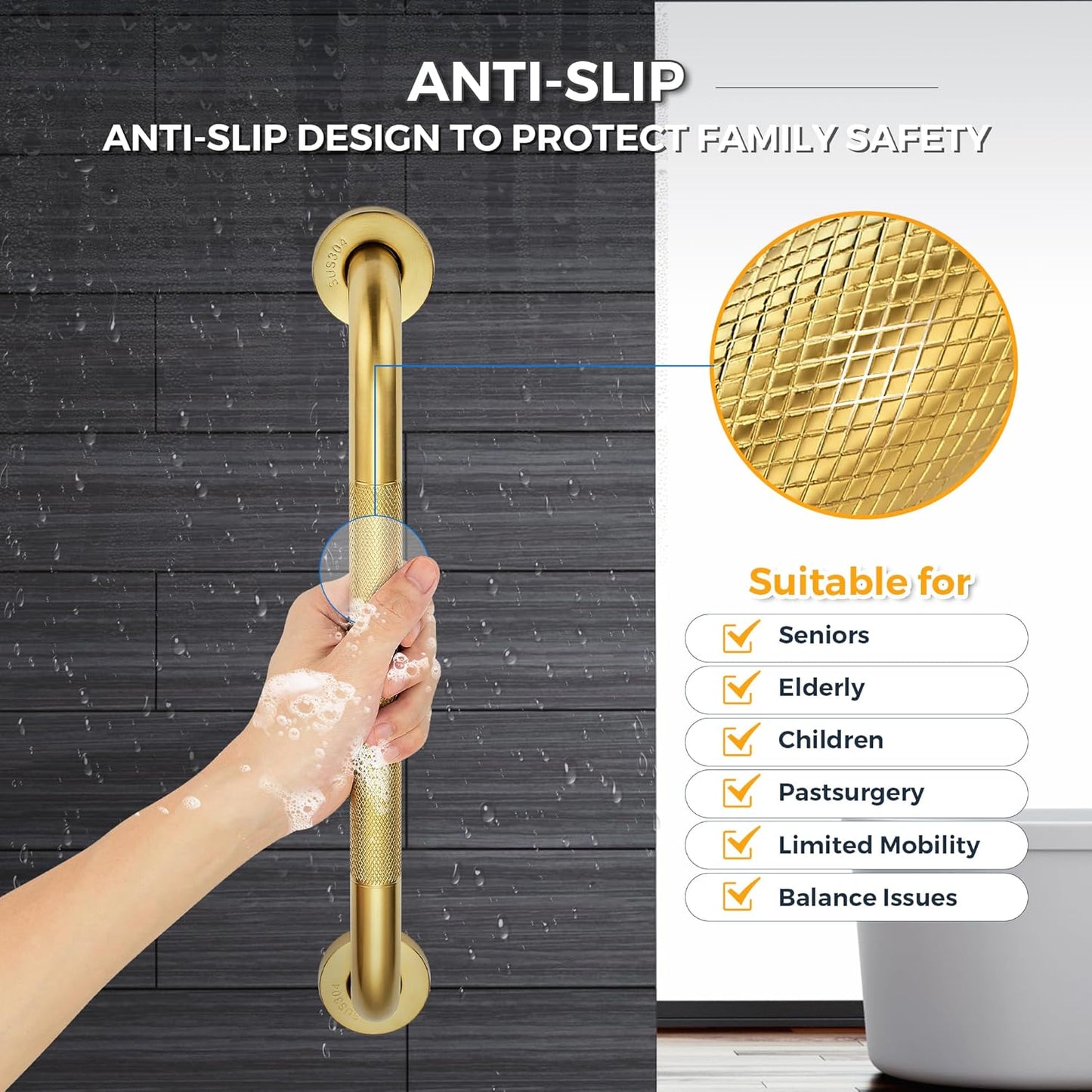 Grab Bars for Shower, 2 Pack 18-Inch Anti Slip Shower Handles for Elderly, Safety Shower Grab Bar, Stainless Steel Handicap Grab Bars for Bathroom,Toilet (Gold, 1" Diameter)