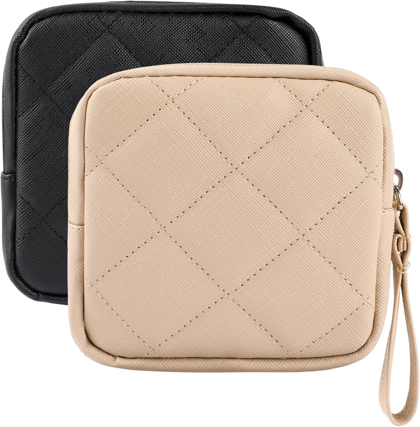 2 Pcs Sanitary Napkin Storage Bag,Period Bag, Period Pouch,Feminine Menstrual Pad Tampon Organizer,Portable Sanitary Pads Pouches First Period Kit for Teen Girls Women Ladies(Black&Beige)